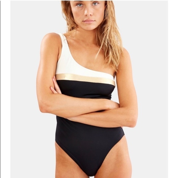 Solid & Striped The Chloe Colorblock Swimsuit One-Shoulder Black Gold XS - Picture 4 of 11